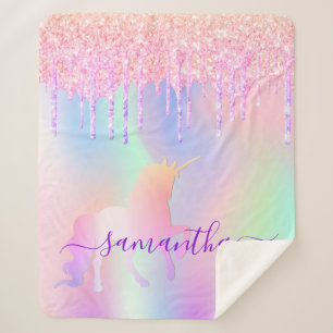 Cobertor Sherpa Unicorn glitter goteja nome arco-íris script