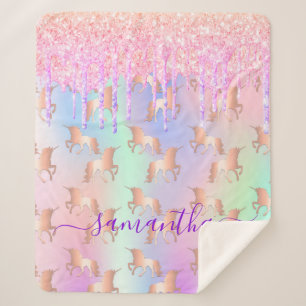 Cobertor Sherpa Unicorn glitter goteja nome holográfico rosa menin