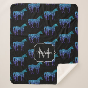 Cobertor Sherpa Unicorn Sparkles aqua Blue ombre Standard Monogram