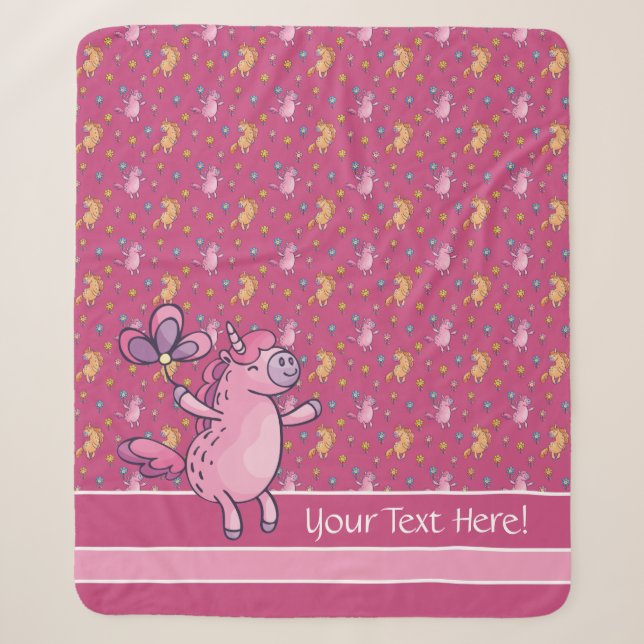 Cobertor Sherpa Unicórnios Whimsical e Padrão de Flores Bonito (Frente)