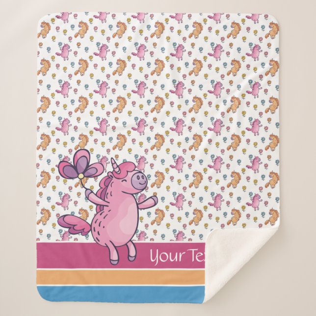 Cobertor Sherpa Unicórnios Whimsical e Padrão de Flores Bonito (Frente)