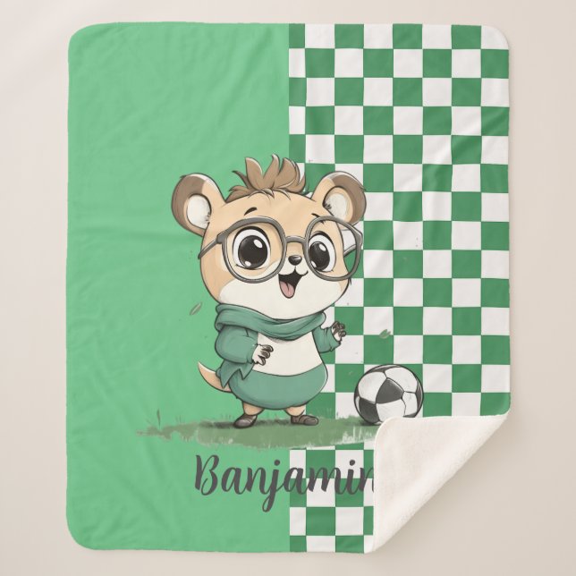 Cobertor Sherpa Urso Bonito com Bola de Futebol (Frente)