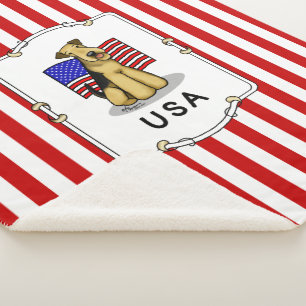 Cobertor Sherpa USA American Flag Airedale Terrier Dog - Cute