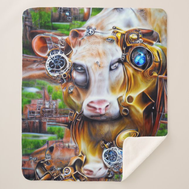 Cobertor Sherpa Vaca cibernética Steampunk (Frente)