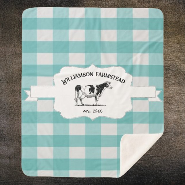 Cobertor Sherpa Vaca de Fazenda de Xadrez Teal Buffalo Sherpa Blan (Teal Buffalo Plaid Farm Cow Personalized Sherpa Blanket)