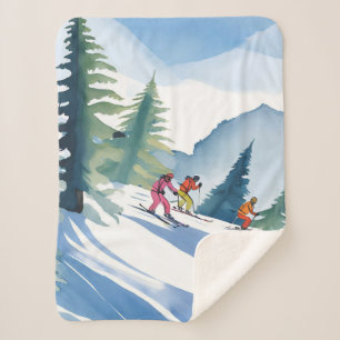 Cobertor Sherpa Vamos Esquiar Pintura em Aquarela de Inverno