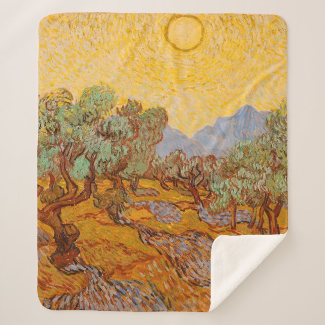 Cobertor Sherpa Van Gogh Olive Trees Yellow Sun Sky (Frente)
