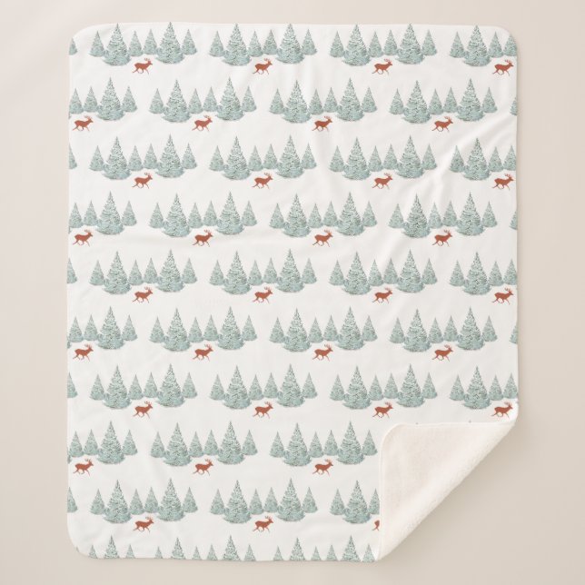 Cobertor Sherpa Veado marrom festivo debaixo de Snowy Spruce Trees (Frente)
