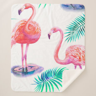 Cobertor Sherpa Verão tropical com folhas de palma de flamingos e 
