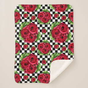 Cobertor Sherpa Verificação Rockabilly da rosa vermelha