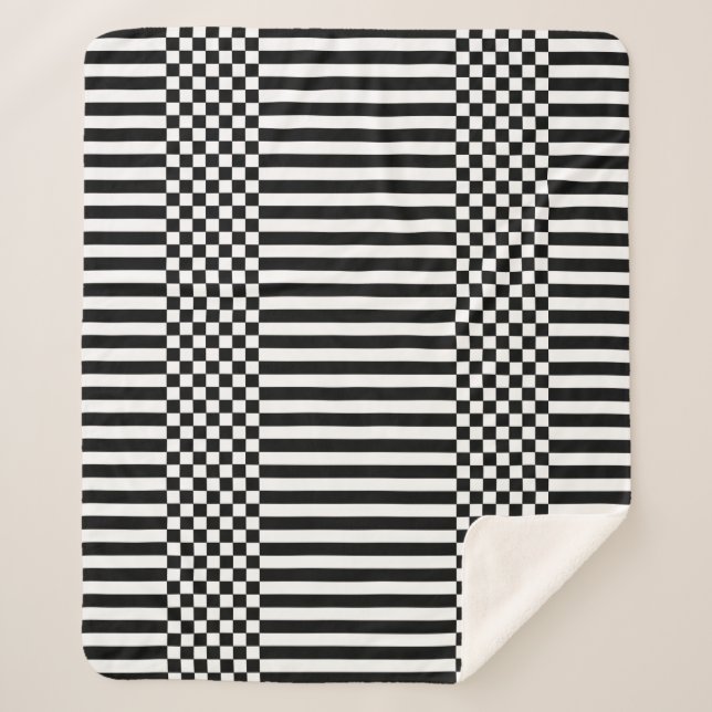 Cobertor Sherpa Verificadores e faixas geométricas preto-e-branco (Frente)