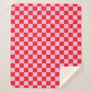 Cobertor Sherpa Vermelho Brilhante e Xadrez Rosa Claro