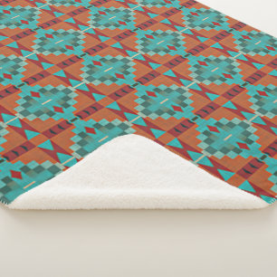 Cobertor Sherpa Vermelho Laranja Turquesa Teal Azul Arte Tribal