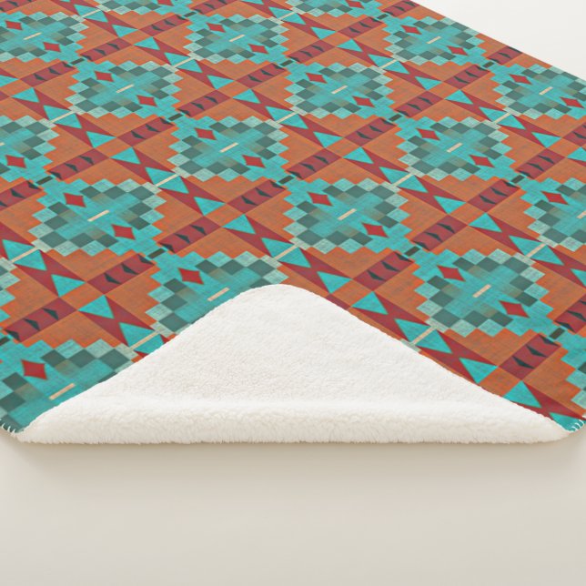 Cobertor Sherpa Vermelho Laranja Turquesa Teal Azul Arte Tribal (3/4)
