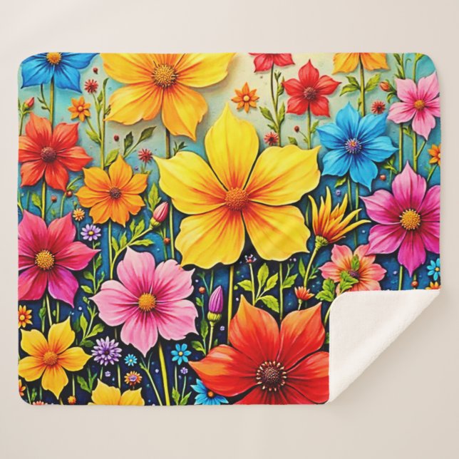 Cobertor Sherpa Vibrant Flowers: Garden of Joy Art (Frente (Horizontal))