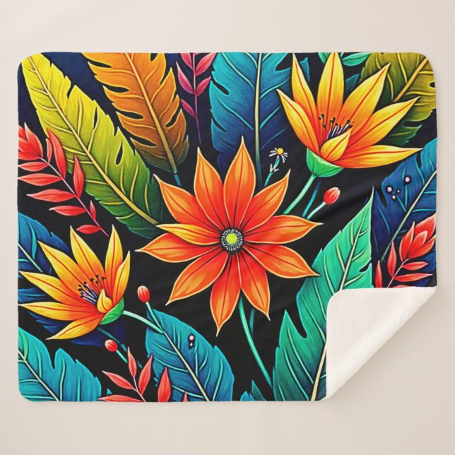 Cobertor Sherpa Vibrant Tropical Flower Art (Frente (Horizontal))