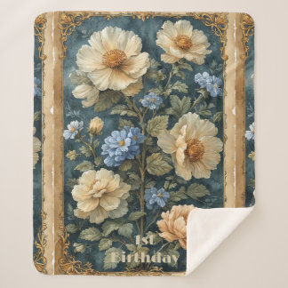 Cobertor Sherpa Victorian Vintage Soft Ivory Peony English Garden 