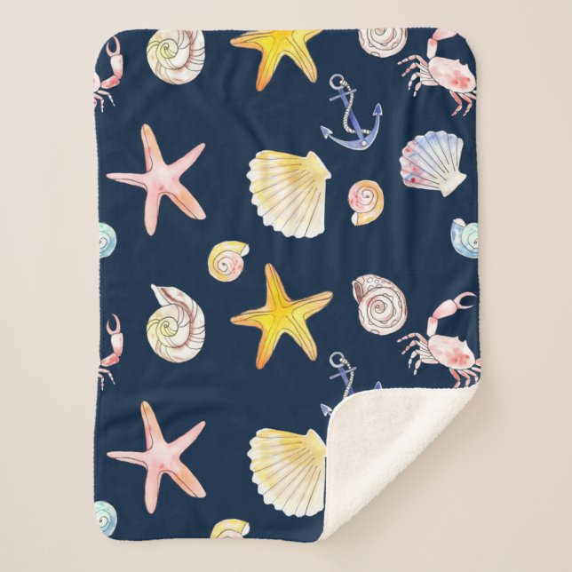 Cobertor Sherpa Vida e Ancoras Marinhas (Escuro) Sherpa Blanket (Frente)