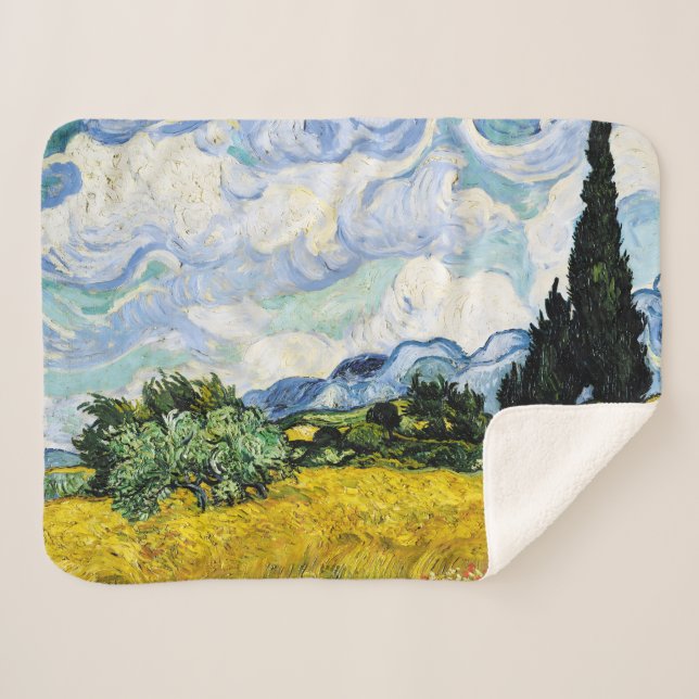 Cobertor Sherpa Vincent Van Gogh Wheat Field com Cyprestes (Frente (Horizontal))