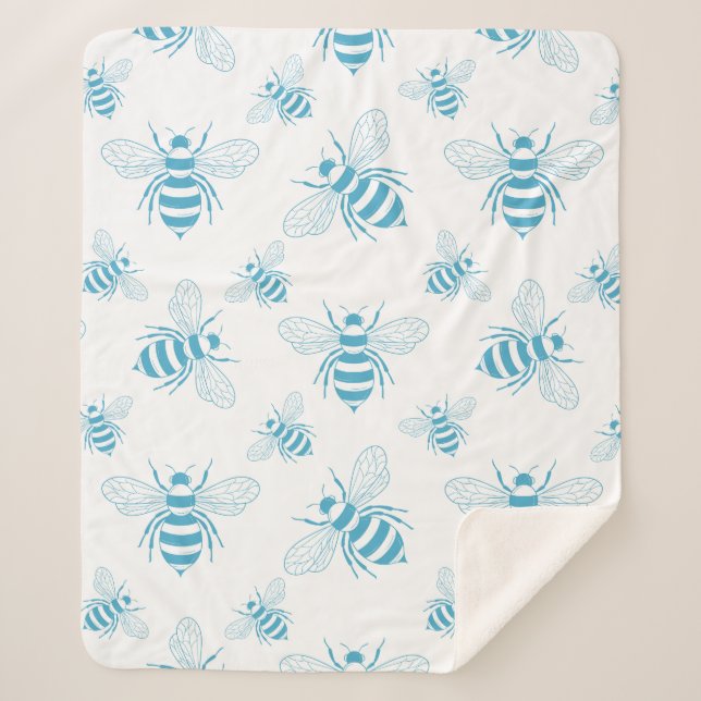 Cobertor Sherpa Vintage Bee Botânico Azul (1) (Frente)