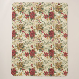 Cobertor Sherpa Vintage Elegant Red & Dourada Poinsettia Floral