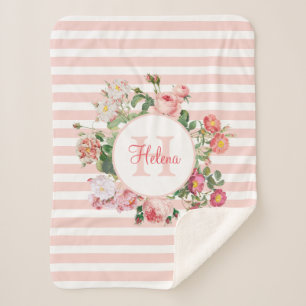 Cobertor Sherpa Vintage Flores Rosa Stripes Monograma