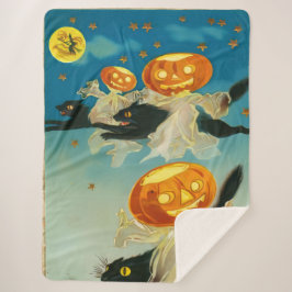 Cobertor Sherpa Vintage Halloween Pumpkin Fantasmas e Gatos Negros