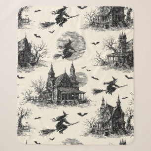 Cobertor Sherpa Vintage Haunted House and Witch Toile Pattern (2)