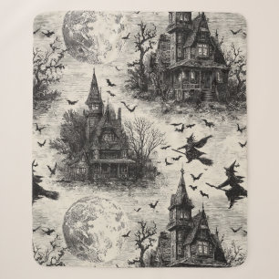 Cobertor Sherpa Vintage Haunted House and Witch Toile Standard