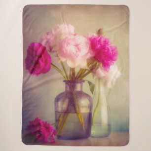 Cobertor Sherpa Vintage Peony Buquê em Vaso de Vidro