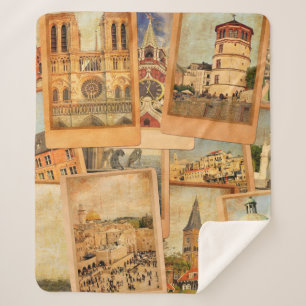 Cobertor Sherpa Vintage photo cards collage. European, Middle East