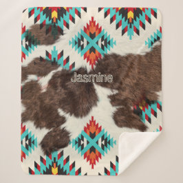 Cobertor Sherpa Vintage Southwest Cowhide Turquoise Aztec Padrão