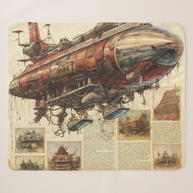 Cobertor Sherpa Vintage Steampunk Zeppelin (11) (Frente (Horizontal))