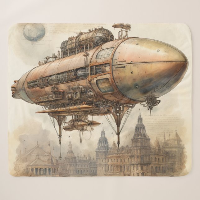 Cobertor Sherpa Vintage Steampunk Zeppelin (12) (Frente (Horizontal))