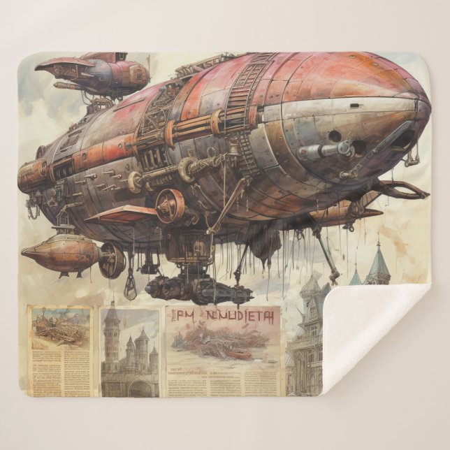 Cobertor Sherpa Vintage Steampunk Zeppelin (9) (Frente (Horizontal))