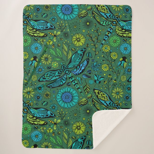 Cobertor Sherpa Voa, voa libélula em esmeralda verde (Frente)