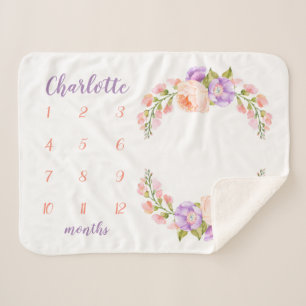 Cobertor Sherpa Watercolor Floral Monograma Baby Milestone Foto