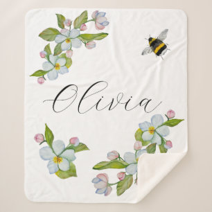 Cobertor Sherpa Watercolor garden tree flowers and bumblebee. 