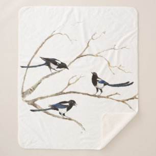 Cobertor Sherpa Watercolor Magpie Garden Bird Willife Art Sherpa