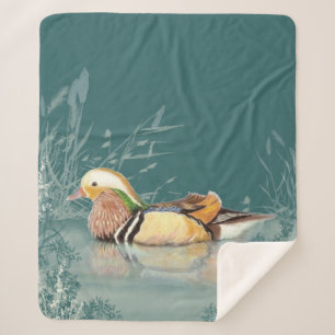 Cobertor Sherpa Watercolor Mandarin Duck Willife Art