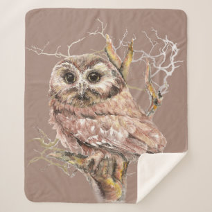 Cobertor Sherpa Watercolor Owl Bird Willife Art Sherpa Blanket