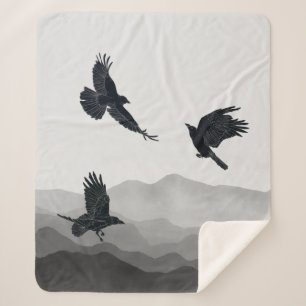 Cobertor Sherpa Watercolor Ravens Crows Black Birds