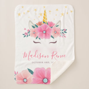 Cobertor Sherpa Watercolor Unicorn Face Floral Stars Baby