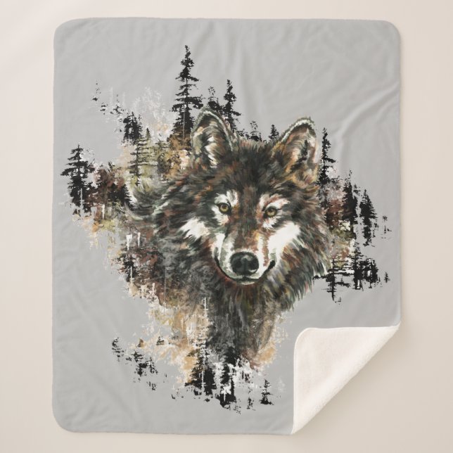 Cobertor Sherpa Watercolor Wolf Mountain Wilderness Art (Frente)