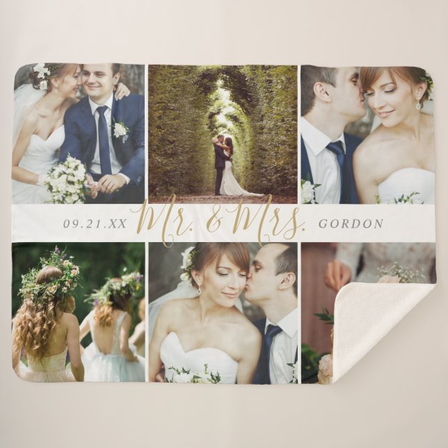 Cobertor Sherpa Wedding Keepsasaame Sr. e Sra. 6 Foto Collage (Frente (Horizontal))