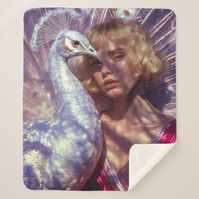 Cobertor Sherpa Weißer Pfau und Schönheit in rosa Eleganz (Frente)