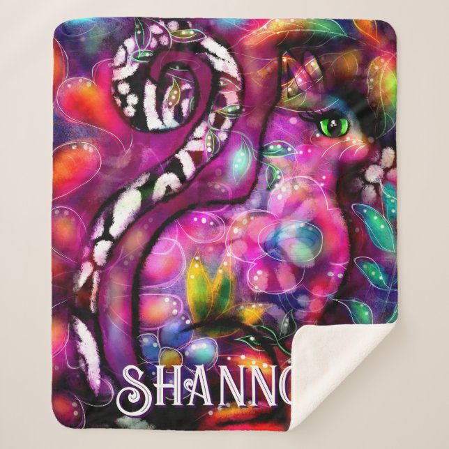 Cobertor Sherpa Whimsical Abstract Kitty Cat Floral Personalized (Frente)