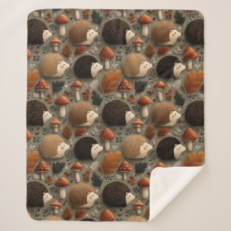 Cobertor Sherpa Whimsical Autumn Hedgehog & Mushroom Pattern