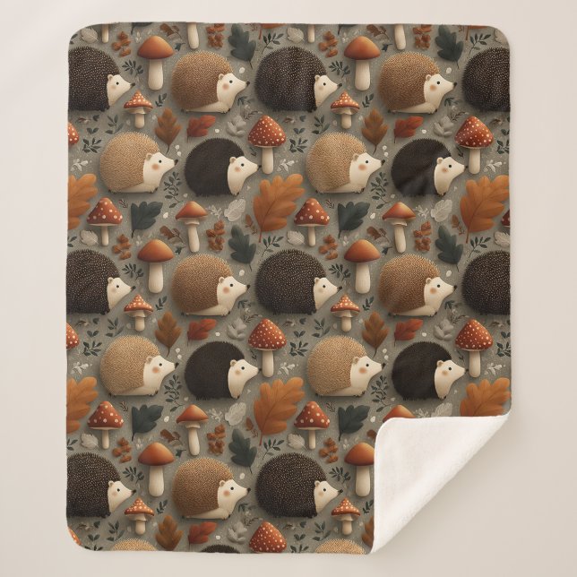 Cobertor Sherpa Whimsical Autumn Hedgehog & Mushroom Pattern (Frente)