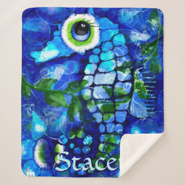 Cobertor Sherpa Whimsical Big-Eyes Seahorse Art Blue Personalized (Frente)